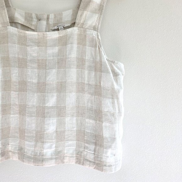 Madewell Gingham Linen Button Back Crop Top Undyed Natural Color Square Neckline - Picture 3 of 7